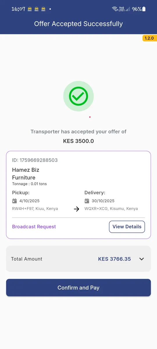 Confirmation that the owner accepted the offer of KES 3,500, with a button to confirm and pay.