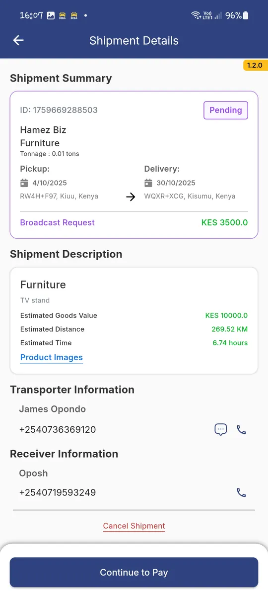 Shipment details: furniture going from Kiuu to Kisumu, pickup and delivery dates, and an agreed price of KES 3,500.