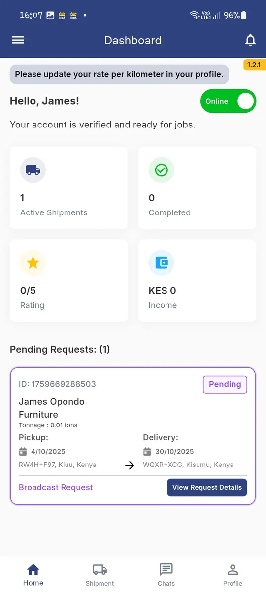 Owner dashboard showing active shipments, completed jobs, rating and income.