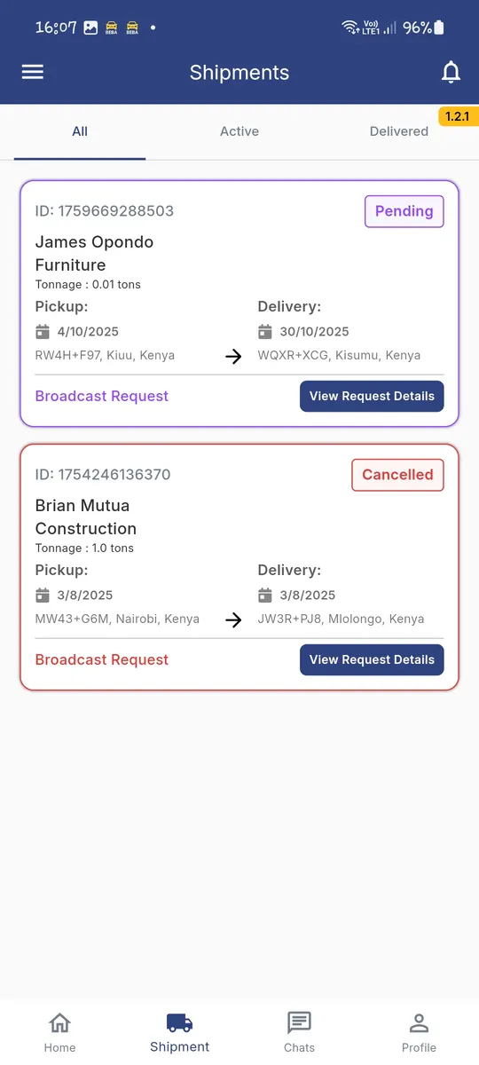 List of shipments with their status, such as pending or cancelled.